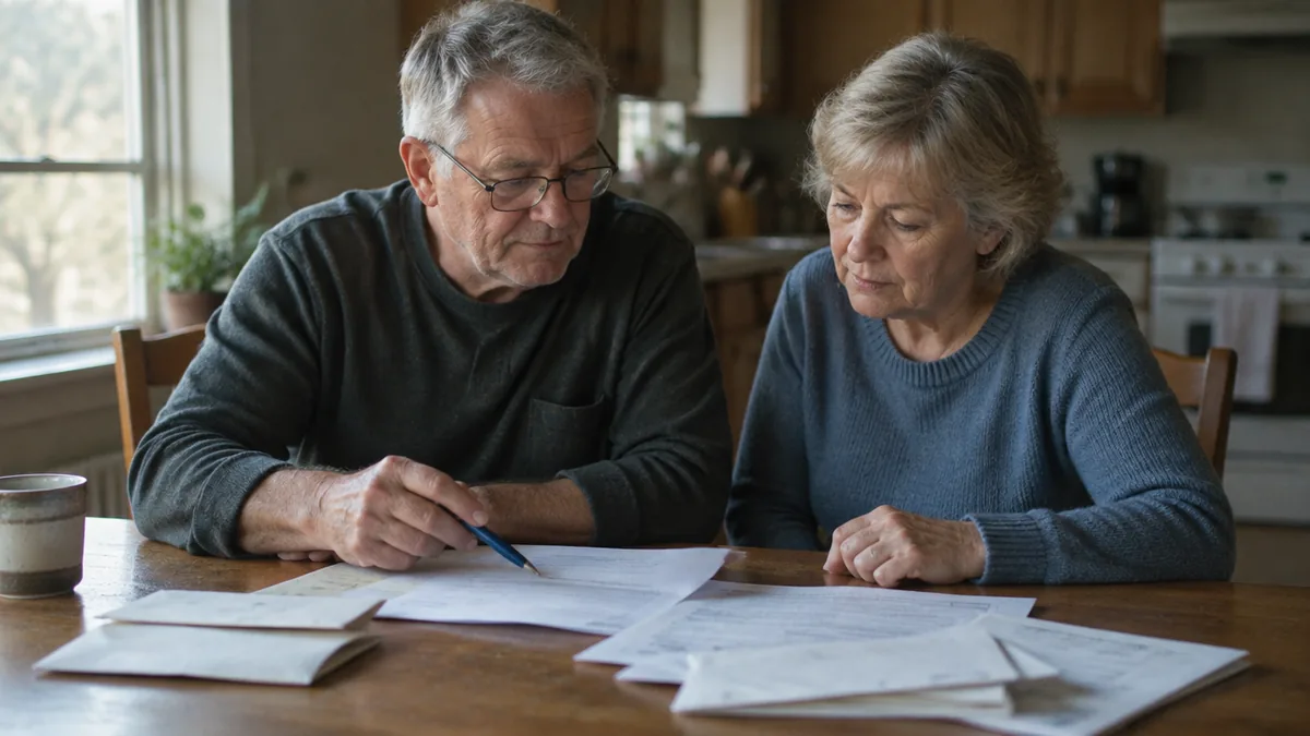 A couple going through household paperwork at a kitchen table